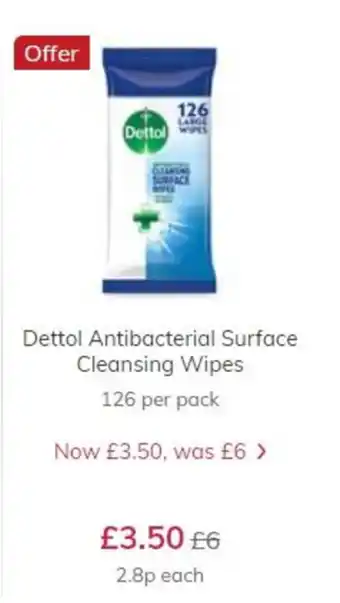 Ocado Dettol Antibacterial Surface Cleansing Wipes 126 per pack offer