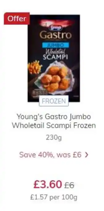 Ocado Young's Gastro Jumbo Wholetail Scampi Frozen 230g offer