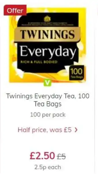 Ocado Twinnings Everyday Tea 100 Tea Bags offer