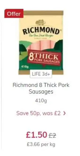 Richmond 8 Thick Pork Sausages 410g