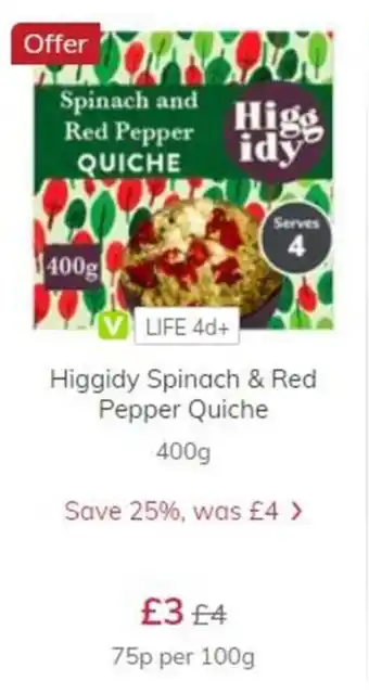 Ocado Higgidy Spinach & Red Pepper Quiche 400g offer