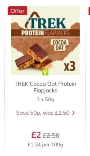 Ocado TREK Cocoa Oat Protein Flapjacks 3x50g offer