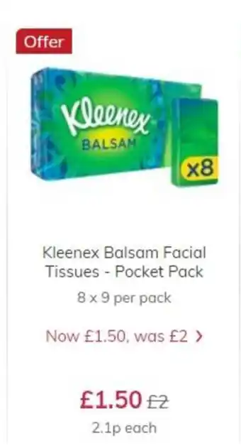 Ocado Kleenex Balsam Facial Tissues - Pocket Pack 8x9 per pack offer