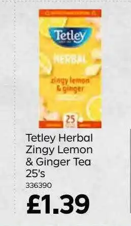 Bestway Tetley herbal zingy lemon & ginger tea 25's offer