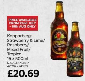 Bestway Kopparberg: strawberry & lime raspberry mixed fruit tropical 15 x 500ml offer