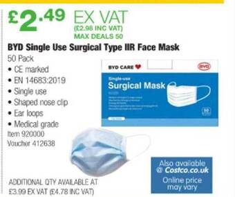 Costco Byd single use surgical type iir face mask offer