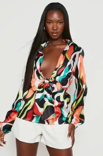 Boohoo Boohoo womens tie front abstract print shirt - black - 10, black offer