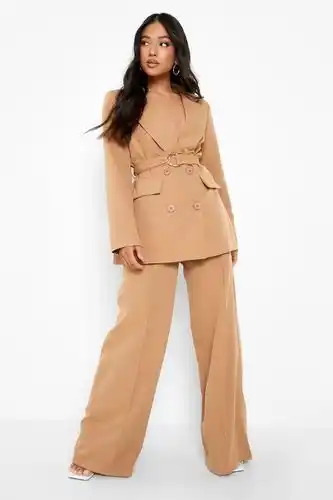 Boohoo Boohoo womens petite seam detail wide leg flare trouser - beige - 6, beige offer