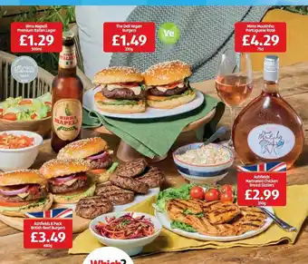 Aldi Birra mapelli premium italian lager, the deli vegan burgers, mimo moutinho portuguese rosé, ashfields 8 pack british beef bur offer
