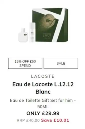 The Perfume Shop Lacoste - Eau de Lacoste L.12.12 Blanc 50ml offer