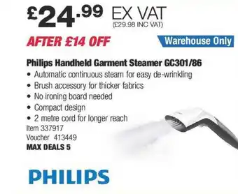 Costco Philips handheld garment steamer gc301 86 offer