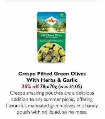 Waitrose Crespo Pitted Green Olives With Herbs & Garlic offer