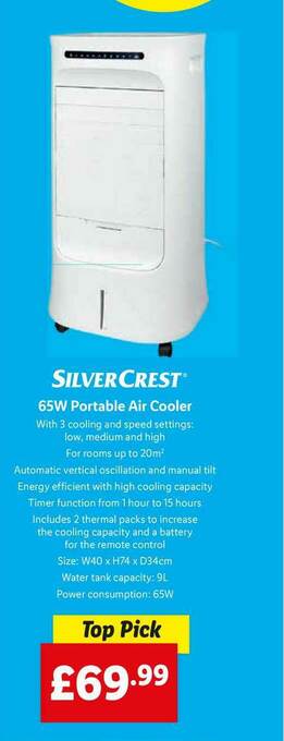 Lidl Silvercrest 65w Portable Air Cooler offer