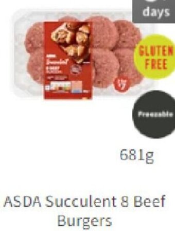 Asda ASDA Succulent 8 Beef Burgers 681g offer