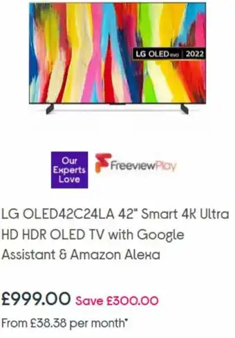 Currys PC World LG OLED42C24LA 42" Smart 4K Ultra HD HDR OLED TV With Google Assistant & Amazon Alexa offer