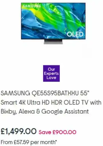 Currys PC World Samsung QE55S95BATXXU 55" Smart 4K Ultra HD HDR OLED TV With Bixby, Alexa & Google Assistant offer
