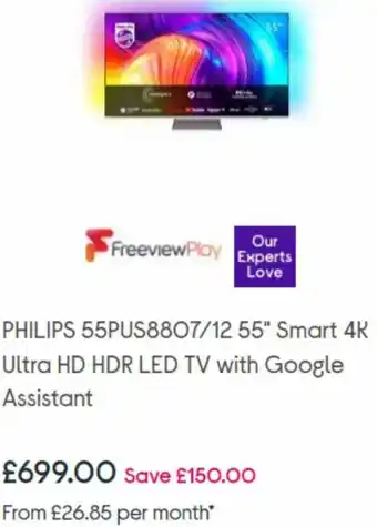 Currys PC World Philips 55PUS8807/12 55" Smart 4K Ultra HD HDR LED TV With Google Assistant offer