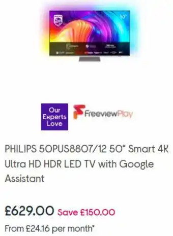 Currys PC World Philips 50PUS8807/12 50" Smart 4K Ultra HD HDR LED TV With Google Assistant offer