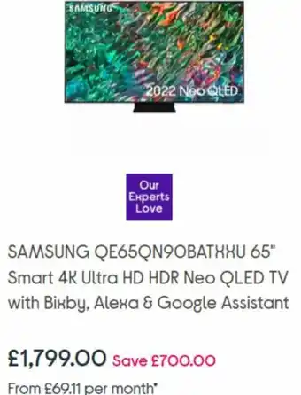 Currys PC World Samsung QE65QN90BATXXU 65" Smart 4K Ultra HD HDR Neo QLED TV With Bixby, Alexa & Google Assistant offer