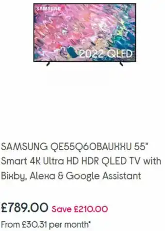 Currys PC World Samsung QE55Q60BAUXXU 55" Smart 4K Ultra HD HDR QLED TV With Bixby, Alexa & Google Assistant offer
