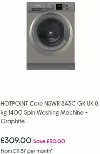 Currys PC World Hotpoint Core NSWR 843C GK UK 8 Kg 1400 Spin Washing Machine - Graphite offer