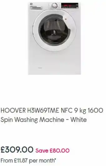 Currys PC World Hoover H3W69TME NFC 9 Kg 1600 Spin Washing Machine -White offer