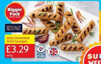 Aldi 667 g caramelised onion sausages offer