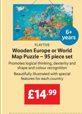Lidl Playtive wooden europe or world map puzzle - 95 piece set offer