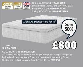 JYSK Dreamzone gold s120 spring mattress offer