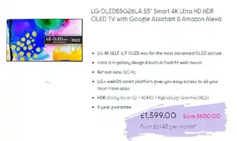 LG OLED55G26LA 55" Smart 4K Ultra HD HDR OLED TV With Google Assistant & Amazon Alexa