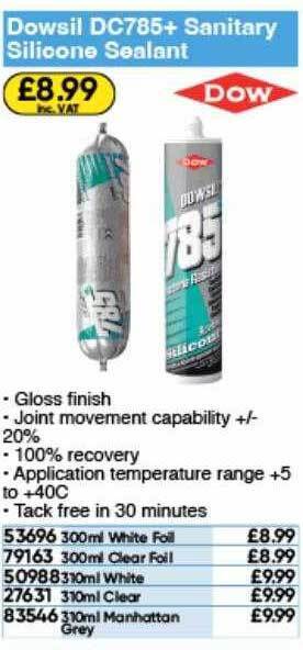 Toolstation Dowsil dc785+ sanitary silicone sealant offer