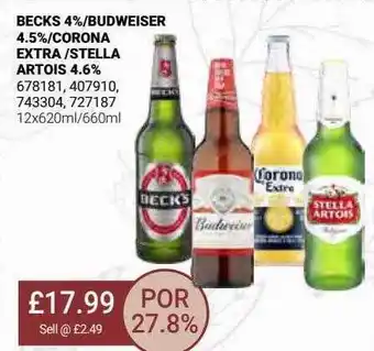 Bestway Becks 4%-budweiser 4.5%-corona extra-stella artois 4.6% offer