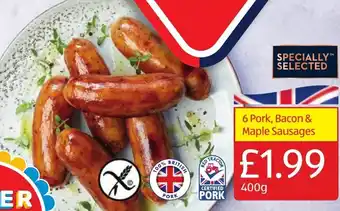 Aldi 6 Pork, Bacon & Maple Sausages 400g offer