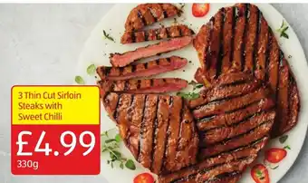 Aldi 3 Thin Cut Sirloin Steaks with Sweet Chili 330g offer