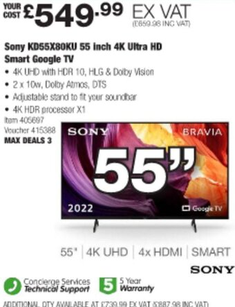 Costco Sony KD55X80KU 55 Inch 4K Ultra HD Smart Google TV offer