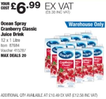 Costco Ocean Spray Cranberry Classic Juice Drink 12 x 1 Litre offer