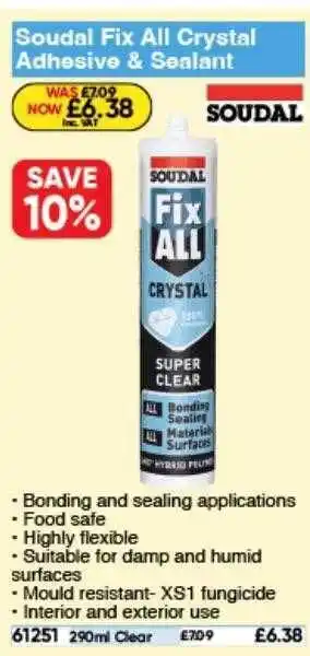 Toolstation Soudal fix all crystal adhesive & sealant offer