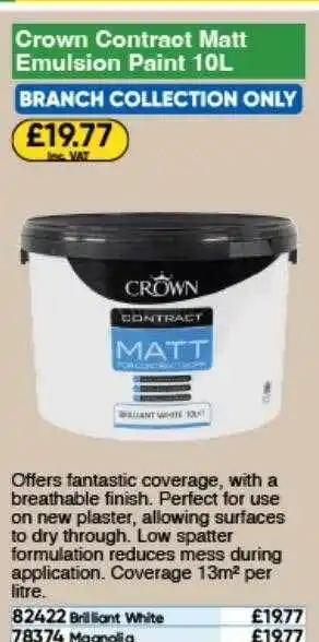 Toolstation Crown contract matt emulsion paint 10l offer