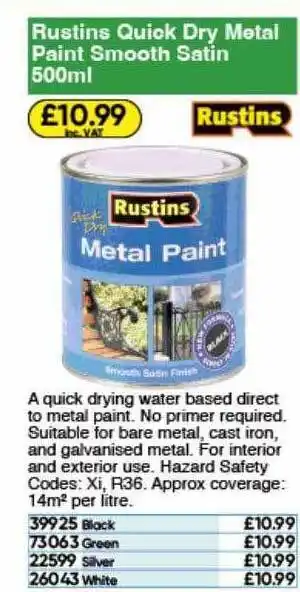 Toolstation Rustins quick dry metal paint smooth satin 500ml offer