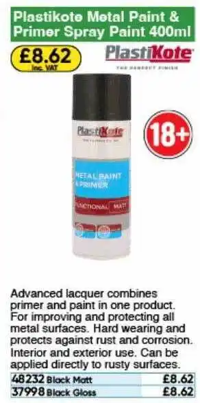 Toolstation Plastikote metal paint & primer spray paint 400ml offer