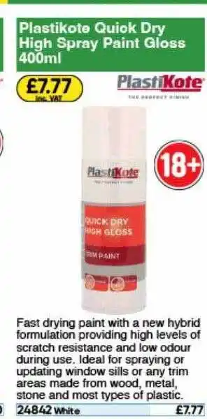 Toolstation Plastikote quick dry high spray paint gloss 400ml offer