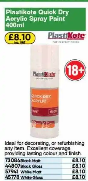 Toolstation Plastikote quick dry acrylic spray paint 400ml offer