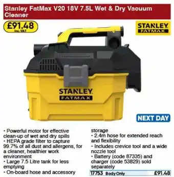 Toolstation Stanley fatmax v20 18v 7.5l wet & dry vacuum cleaner offer