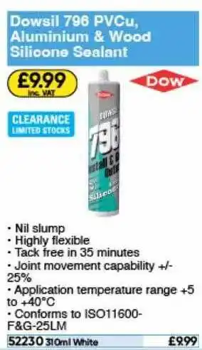 Toolstation Dowsil 796 pvcu, aluminium & wood silicone sealant offer