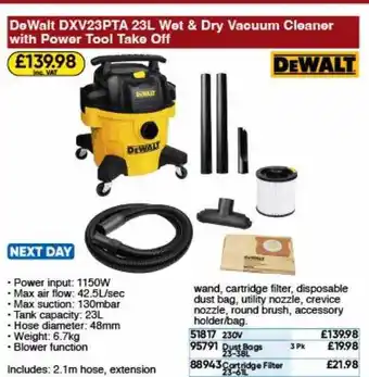 Toolstation Dewalt dxv23pta 23l wet & dry vacuum cleaner with power tool take off offer