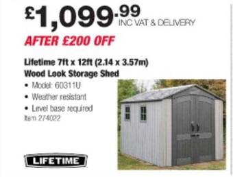 Costco Lifetime 7ft x 12ft (2.14 x 3.57m) wood look storage shed offer