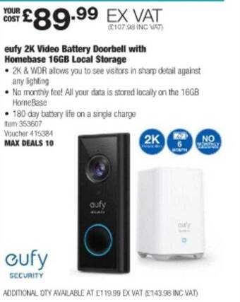 Costco Eufy 2k video battery doorbell with homebase 16gb local storage offer