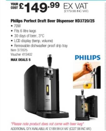 Costco Philips perfect draft beer dispenser hd3720 25 offer