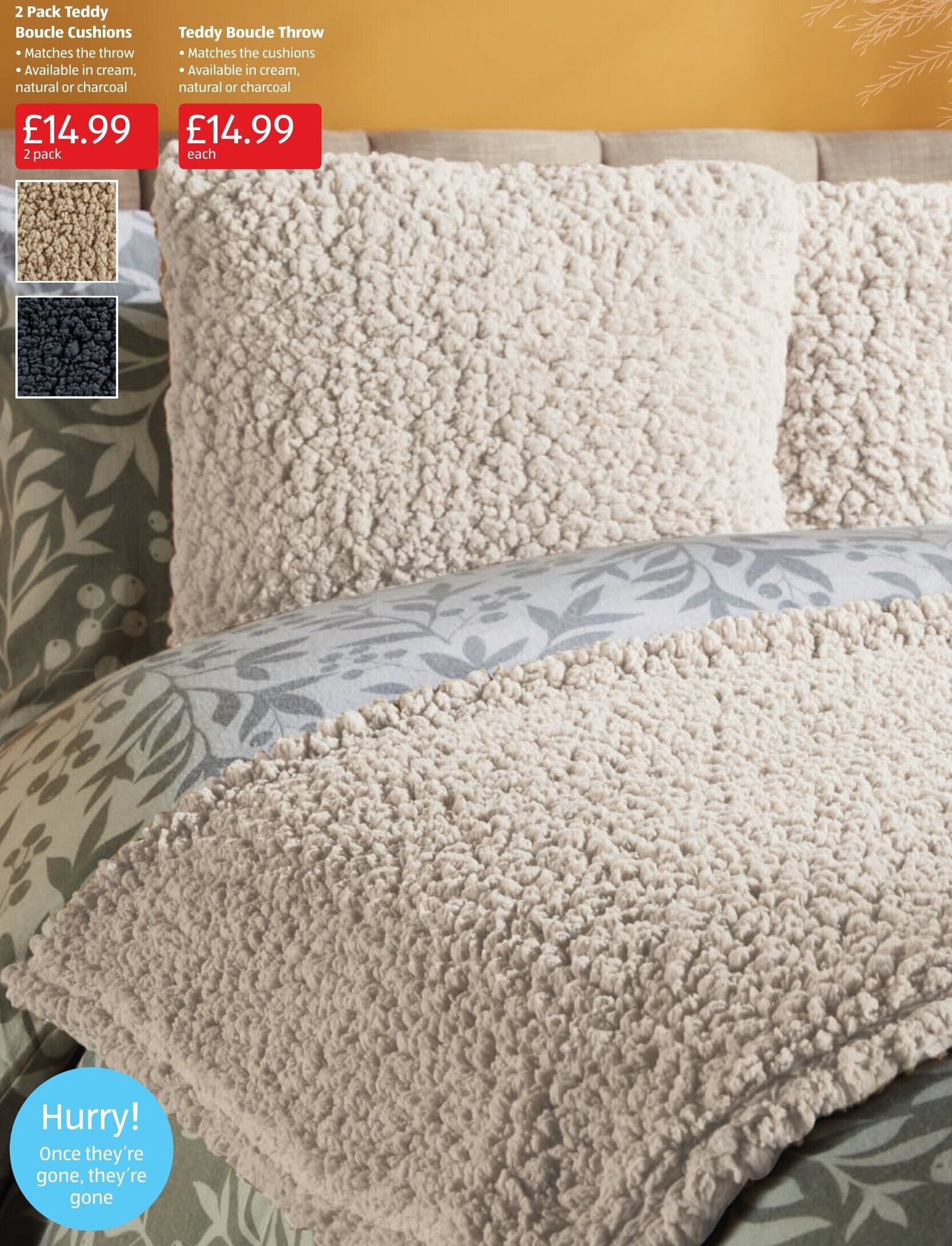 2 Pack Teddy Boucle Cushions/Teddy Boucle Throw offer at Aldi