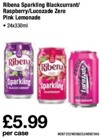Makro Ribena Sparkling Blackcurrant/Raspberry/Lucozade Zero Pink Lemonade 24x330ml offer